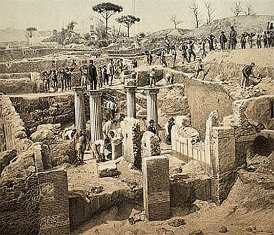 T  opgravingen bij Pompeii. Voor een grotere oude tekening over dit onderwerp...